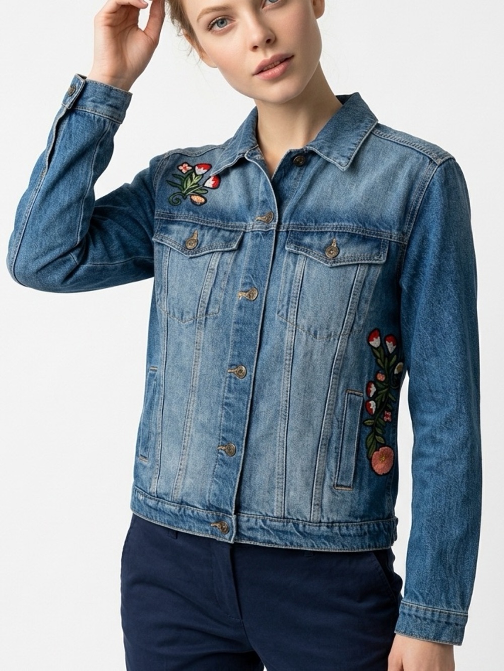 Sneak peak jean jacket. Size medium Embroidered